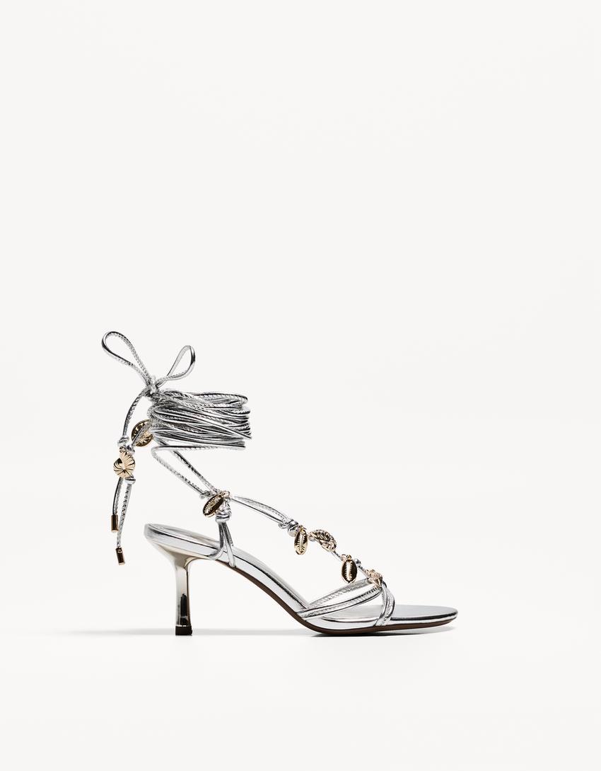 Tied high-heel sandals with rhinestones-SILVER