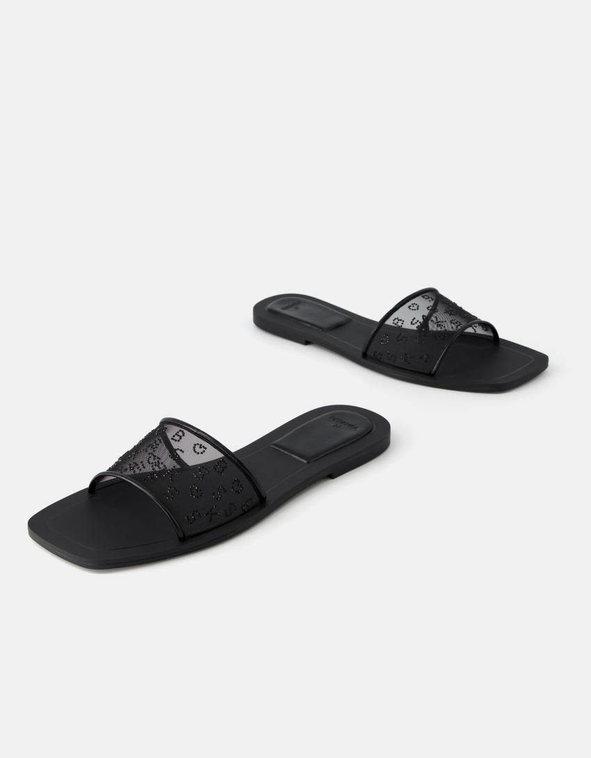 شبشب شبكي بأحجار راين-أسود