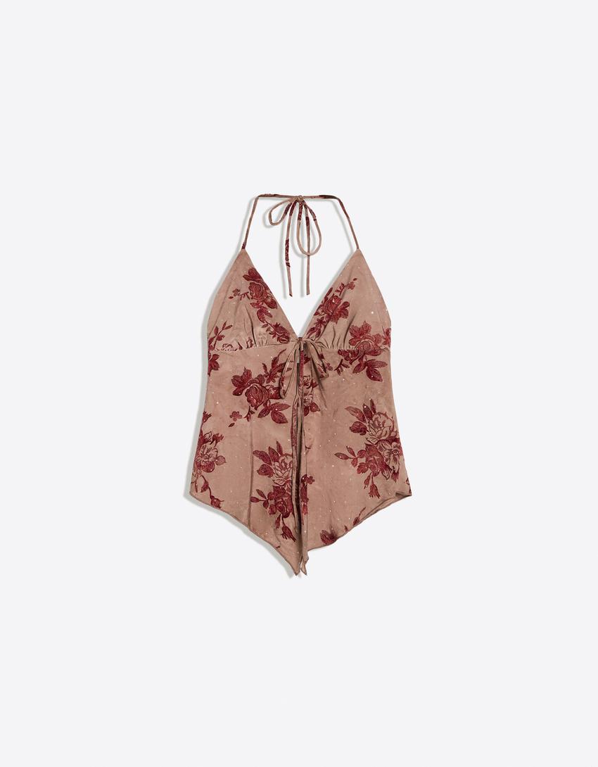 Printed halter top-Brown