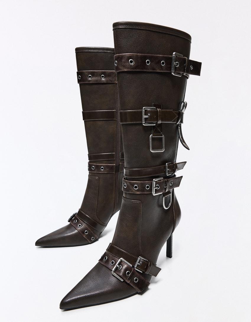 Tokalı topuklu çizme-Kahverengi