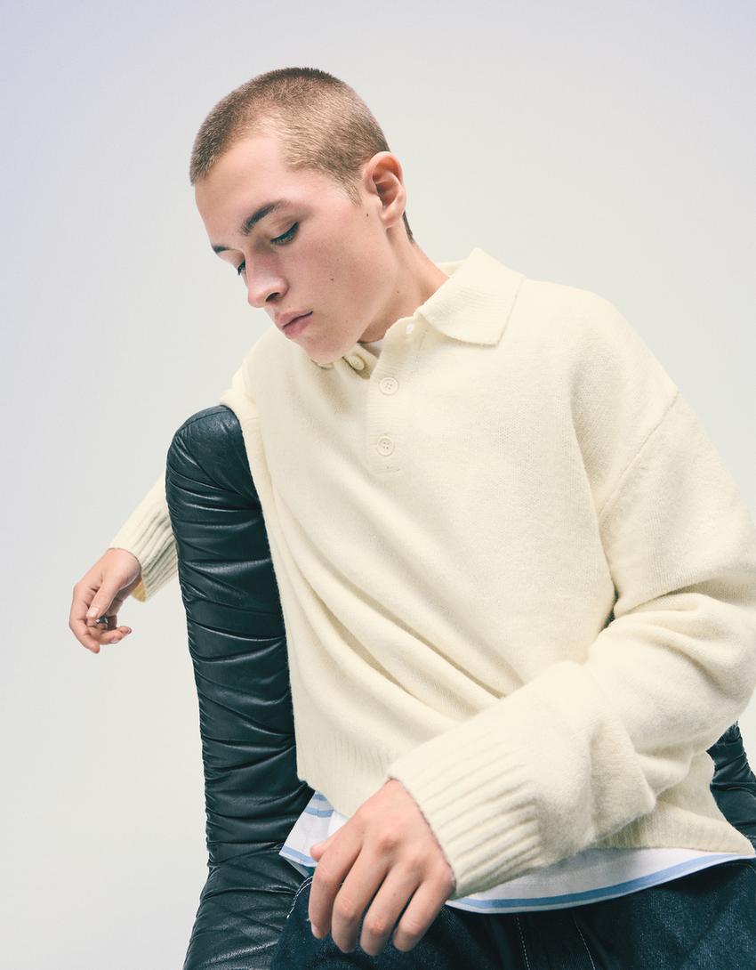 Polo collar sweater-Sand