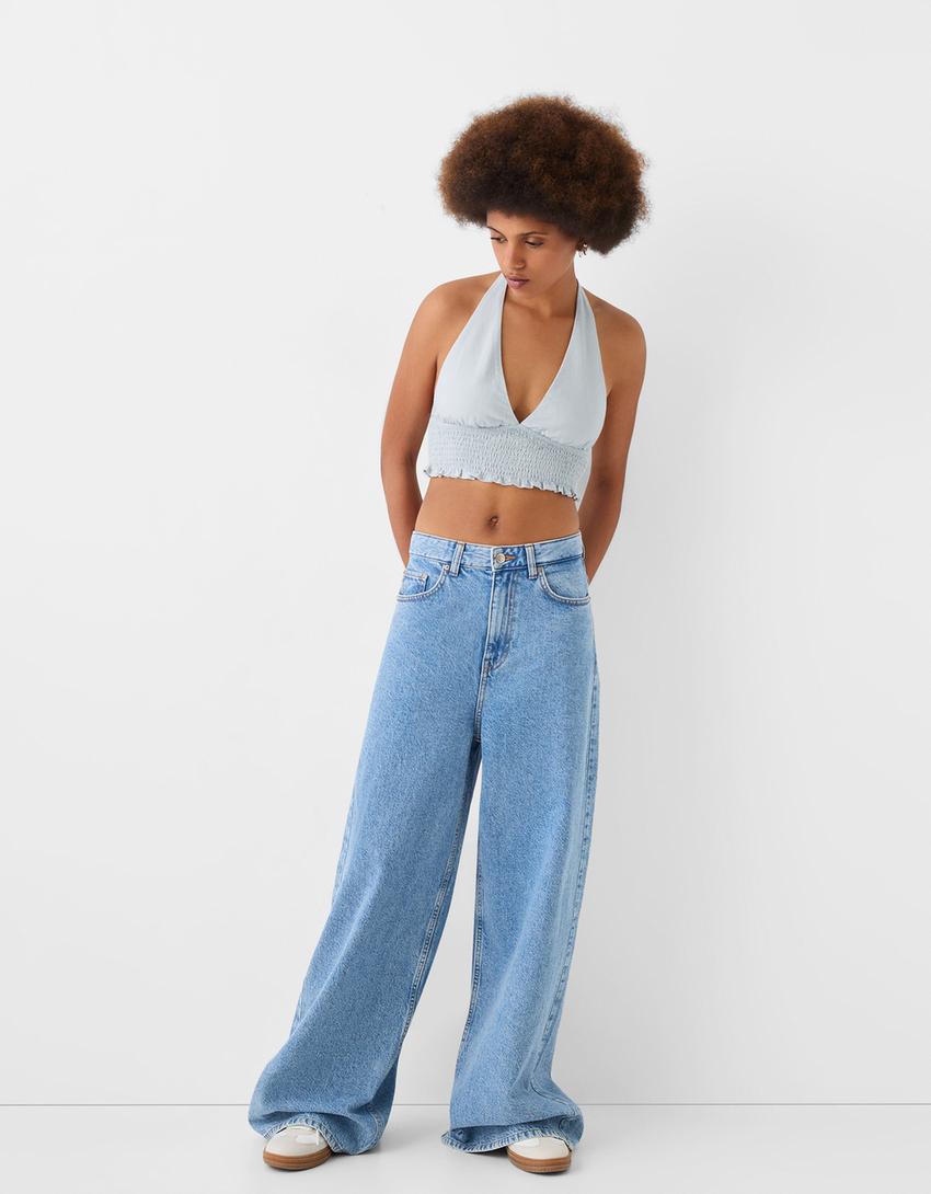 Crop top encolure américaine avec lin-Bleu clair-3