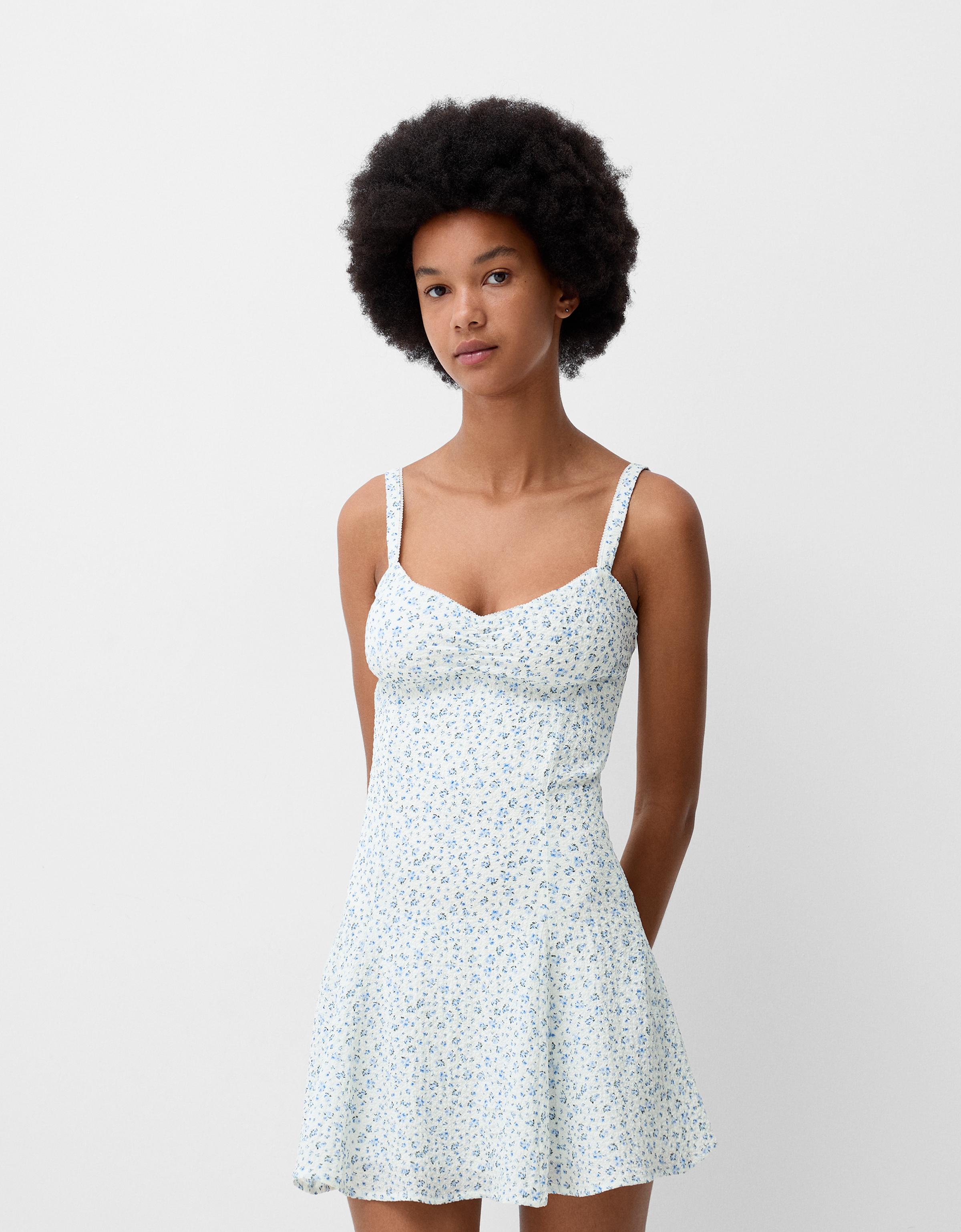 Bershka Minikleid Aus Waffelgewebe Mit Blumenprint Damen Xl Hellblau