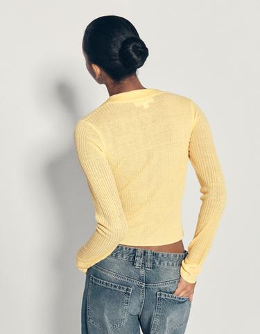 Fine knit polo collar cardigan — Yellow 2