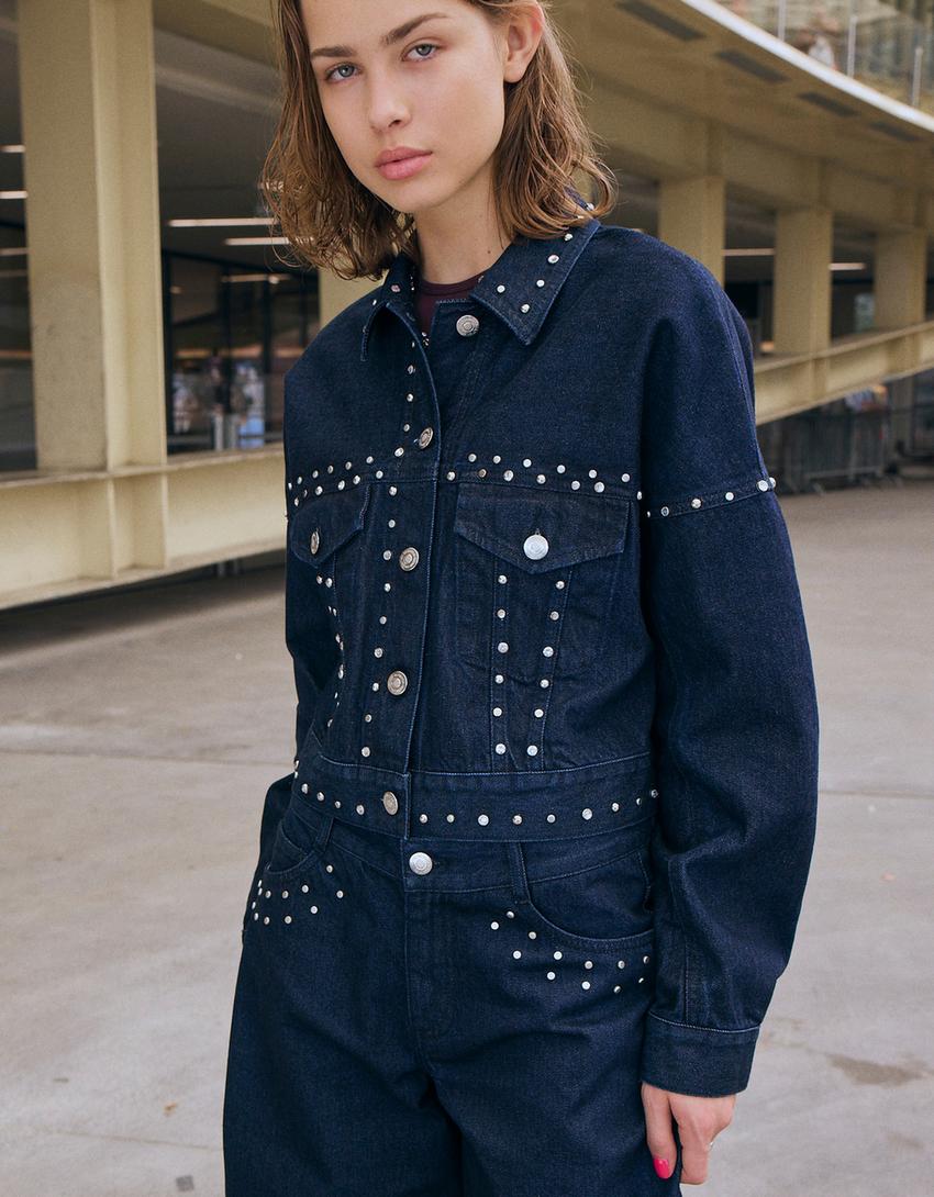 Kort denimjakke med nitter-Marineblå-2