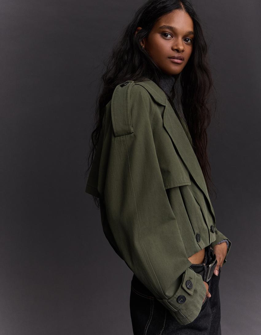 Kratki kišni mantil sa pufnastim rukavima-Kaki