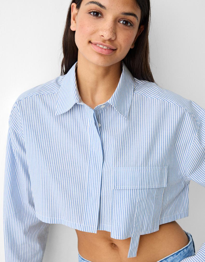 Long sleeve cropped poplin shirt with straps-Blue