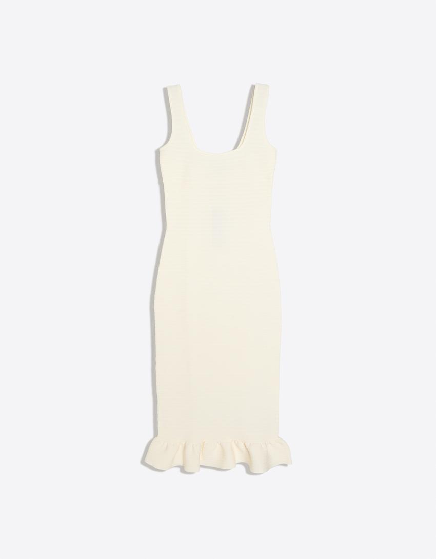 Midi knit dress with frill-Cream