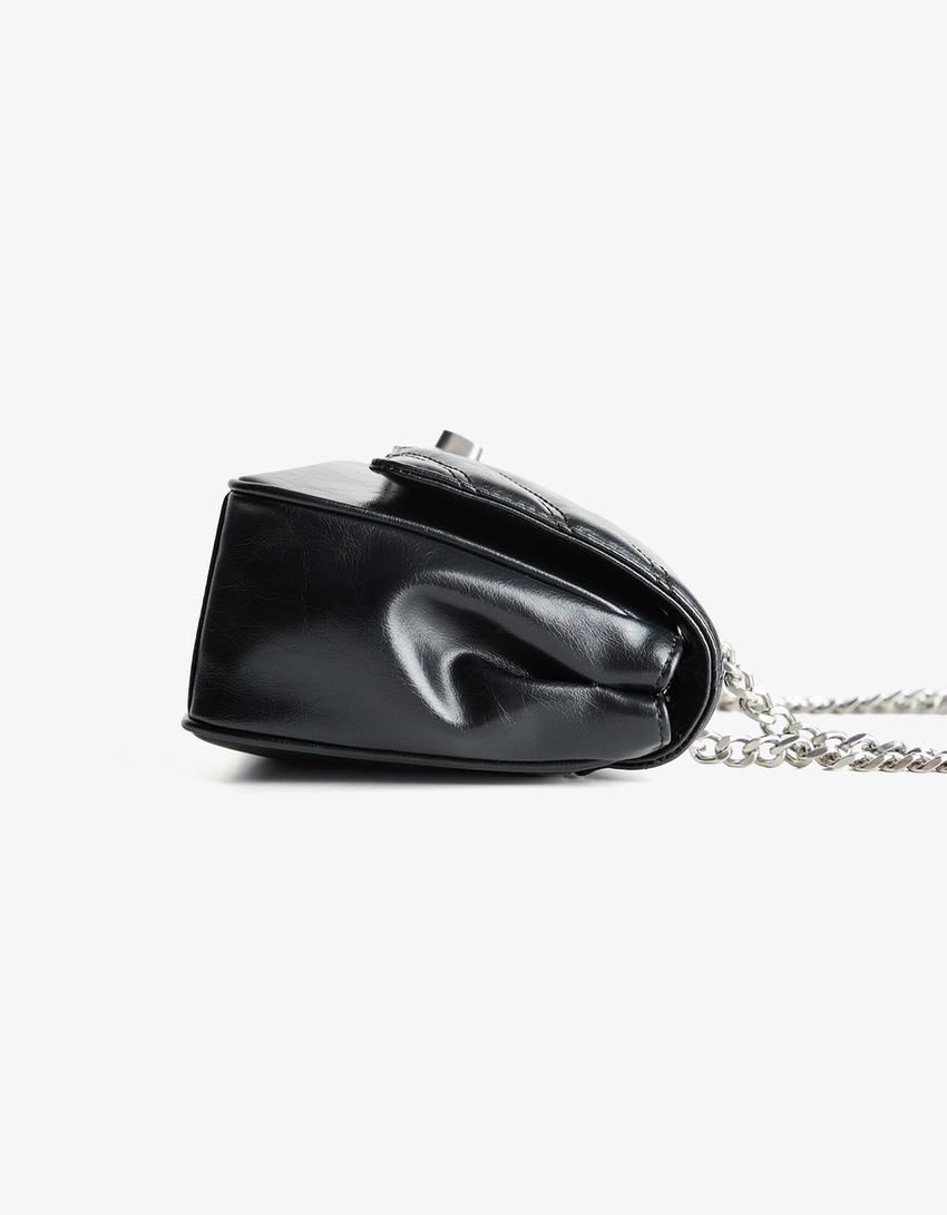 Quilted leather effect shoulder bag-Black