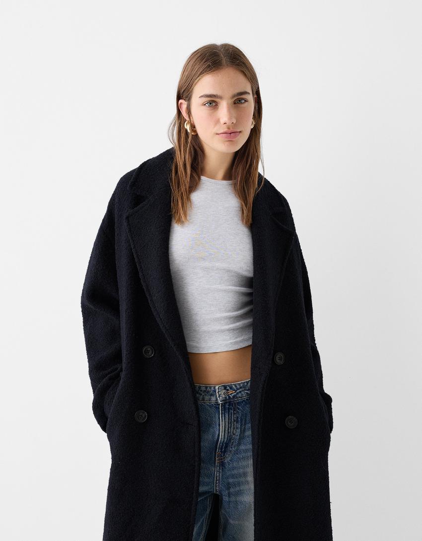 معطف طويل بوكليه بصف أزرار مزدوج-أزرق داكن-1