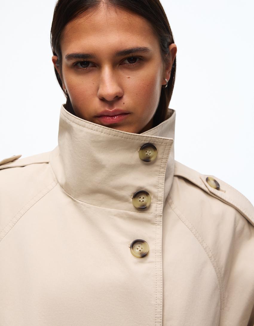 Funnel neck trench jacket-Sand