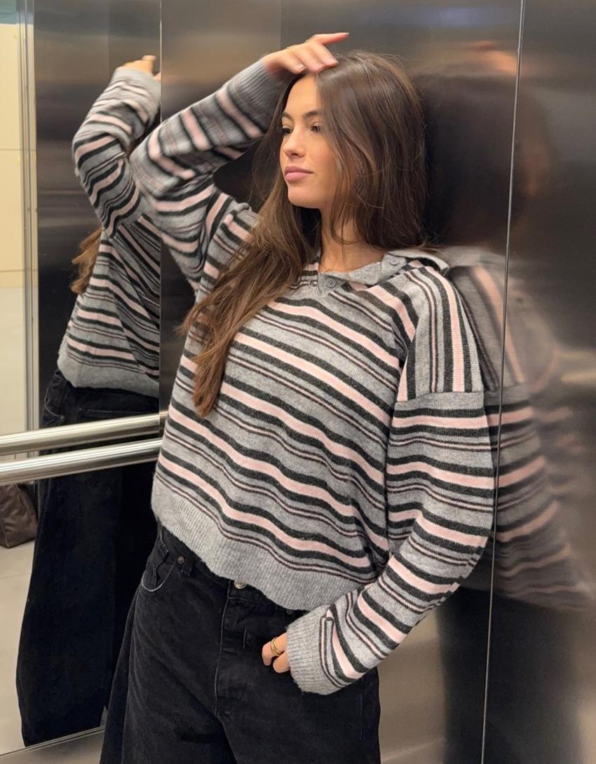 Printed polo collar sweater-Grey