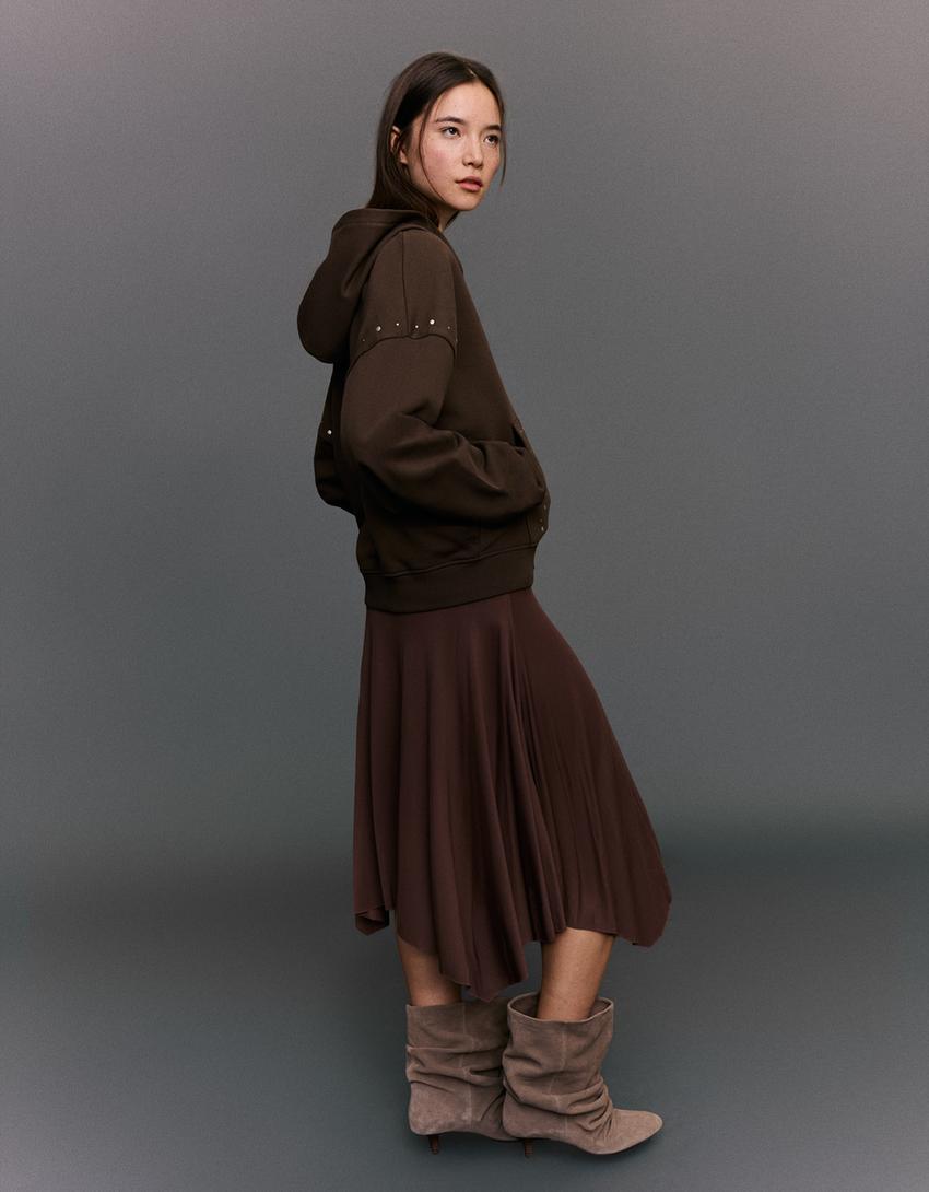 Zip-up studded hood sweatshirt-Brown