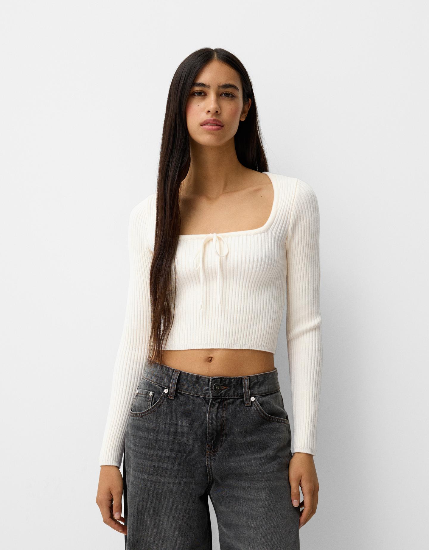 Bershka Pullover Mit Kastenausschnitt Und Schleife Damen Xs Weiss günstig online kaufen