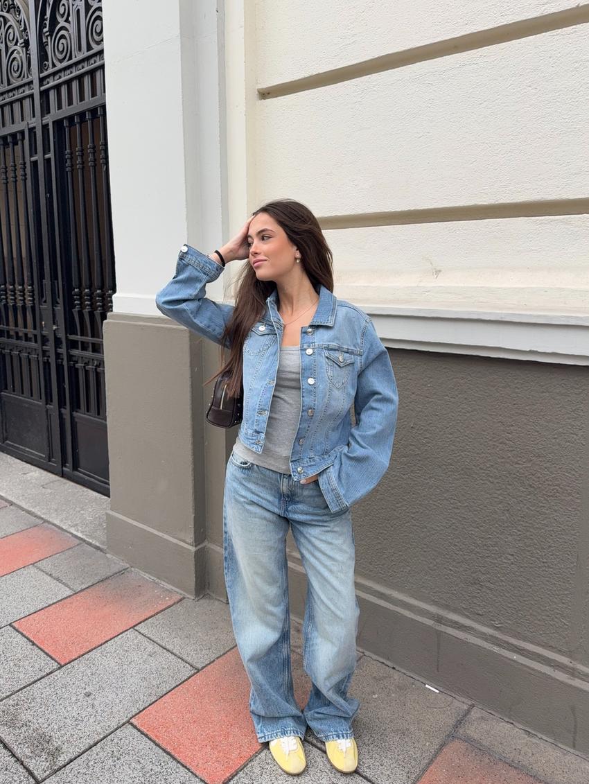 Jeans de perna larga straight fit cintura subida-Azul lavado