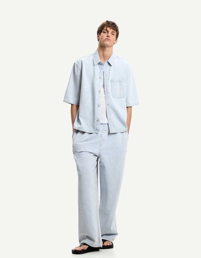 Camicia a maniche corte in denim-Azzurro Chiaro-3