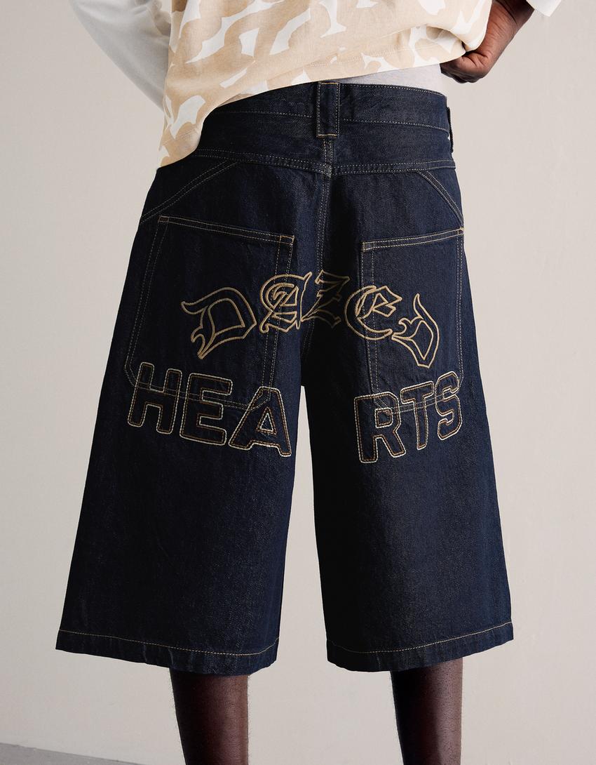 İşlemeli skater denim bermuda-Denizci mavisi