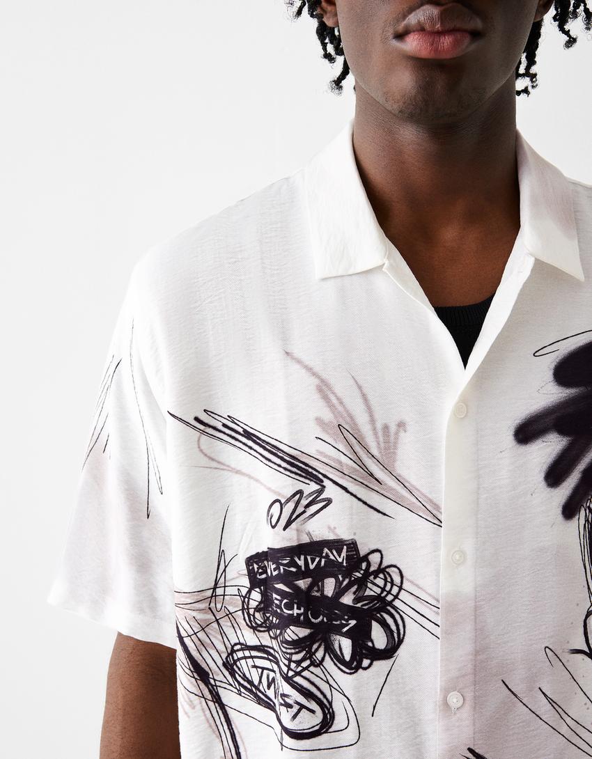 Chemise manches courtes loose fit imprimée-Blanc cassé-6