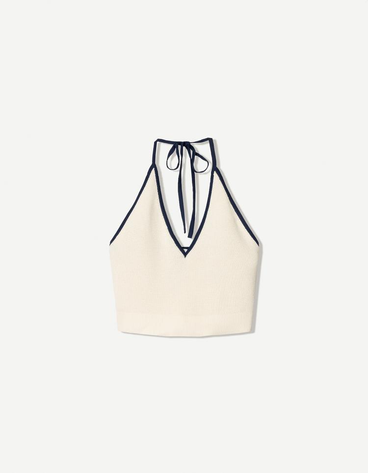 Kontrast biyeli halter yaka top