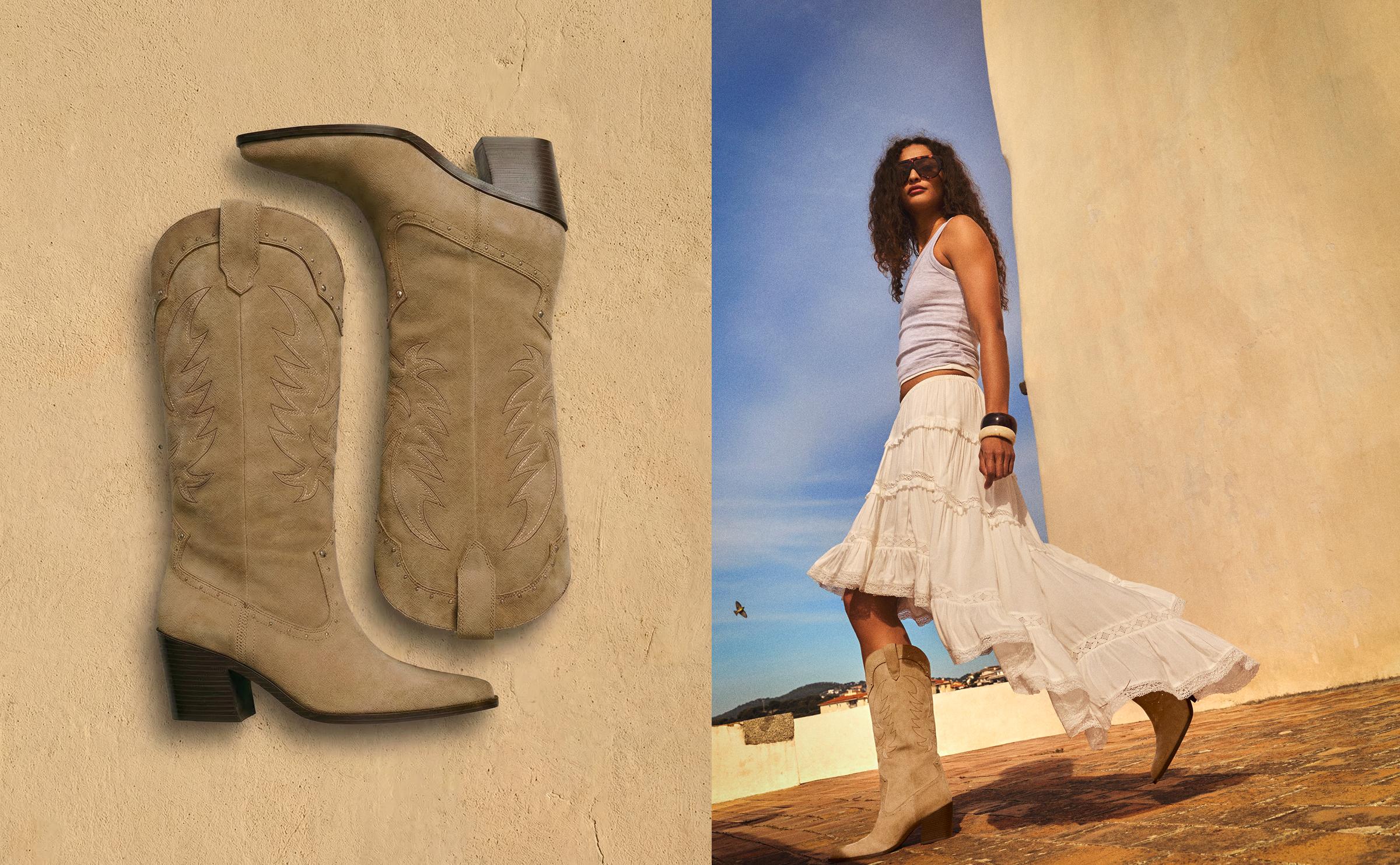 Studded cowboy heel boots — BEIGE