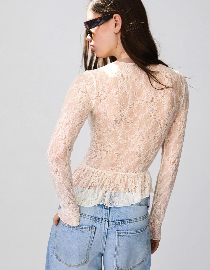 Atasan renda kerut lengan panjang-Krem