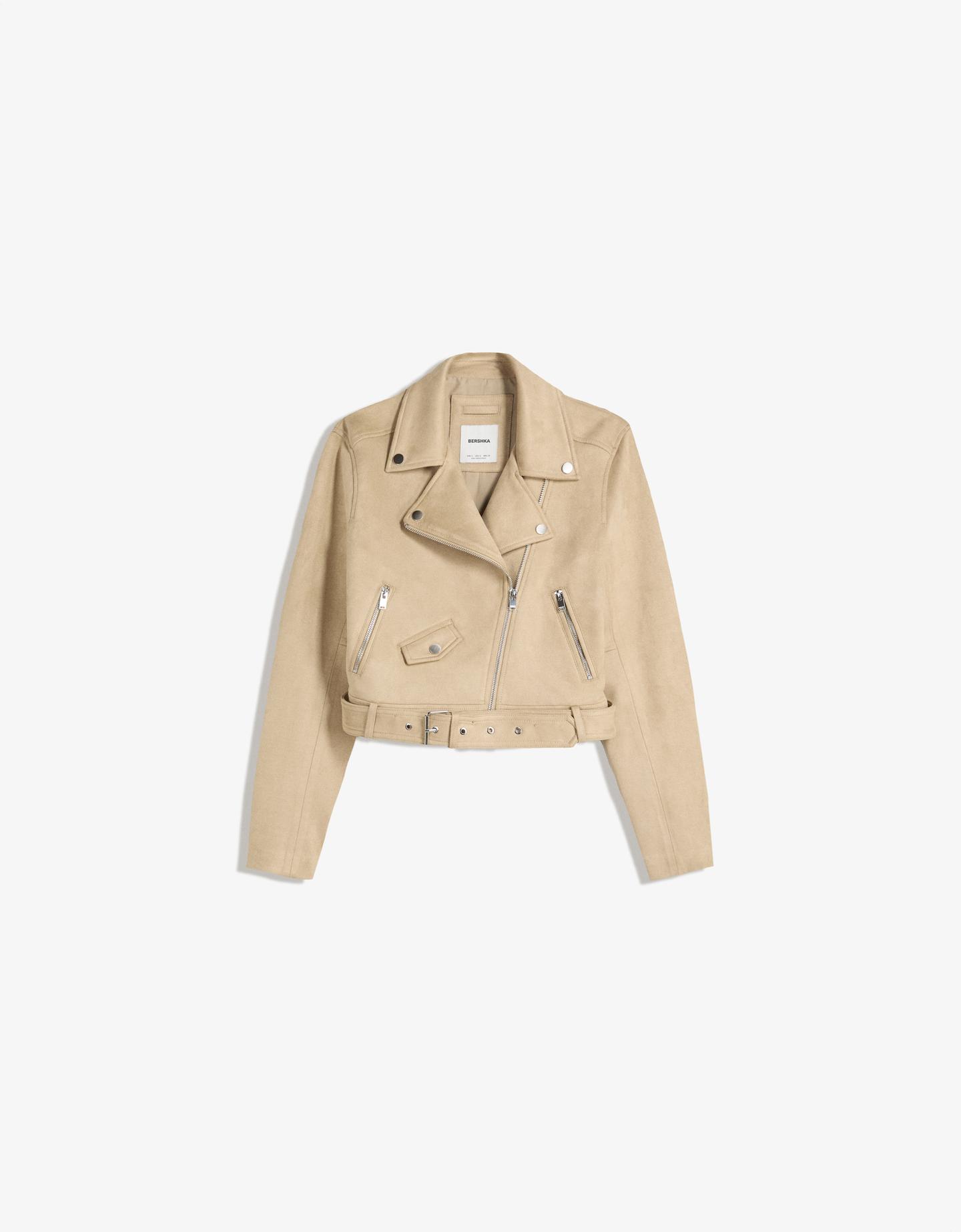 Bershka kurtka biker ze sztucznej skóry kremowy