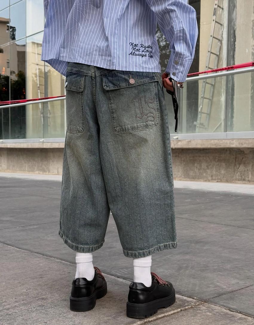 Super baggy denim Bermuda shorts-Light blue