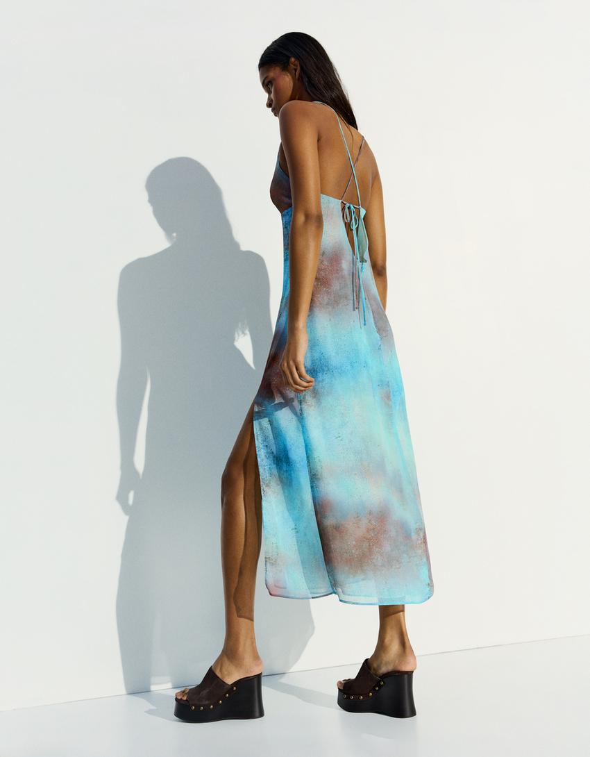 Robe midi imprimée-Bleu turquoise