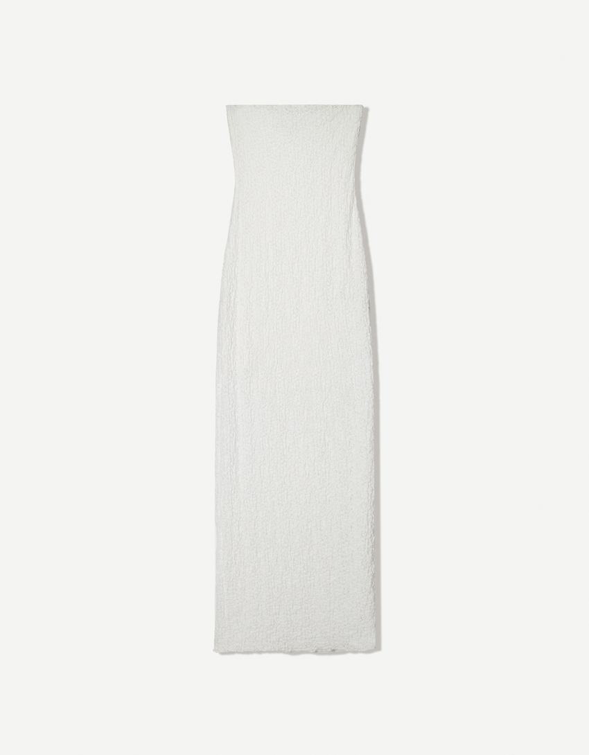 Rustic midi dress with bandeau neckline-Cream