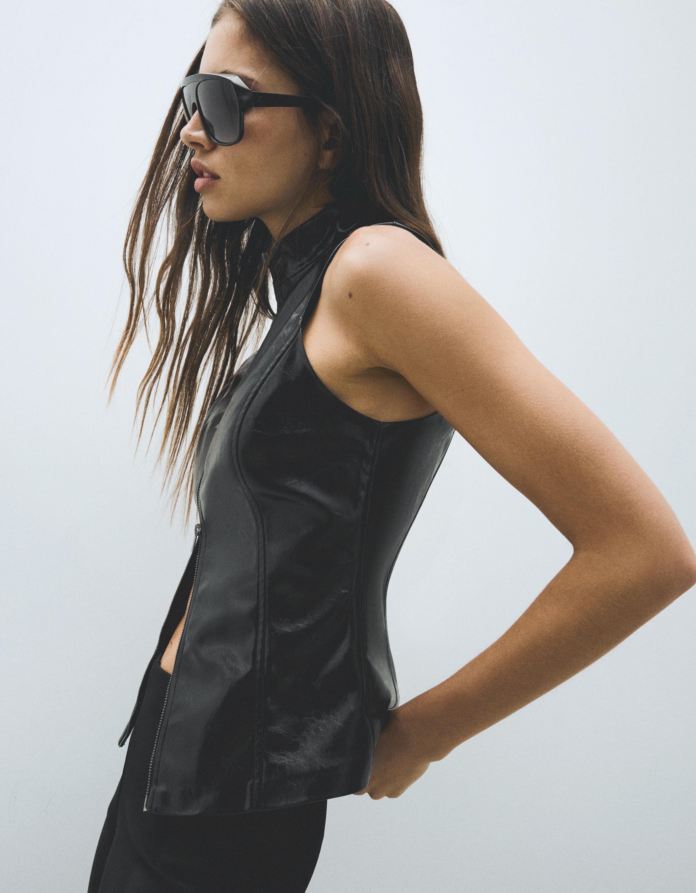 Leather-effect sleeveless high-neck top — Black