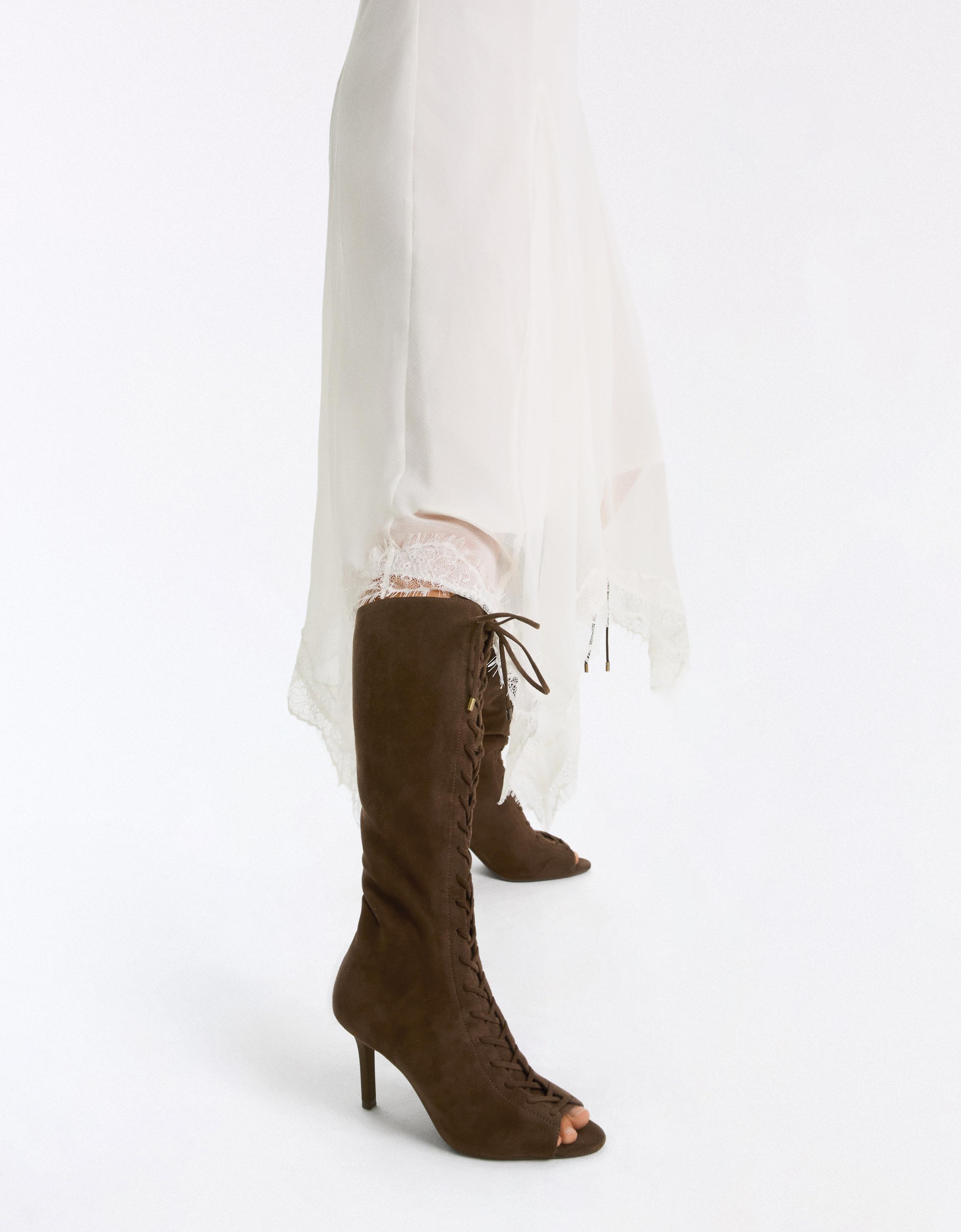 CORSET PEEP TOE HEEL BOOTS — Tan