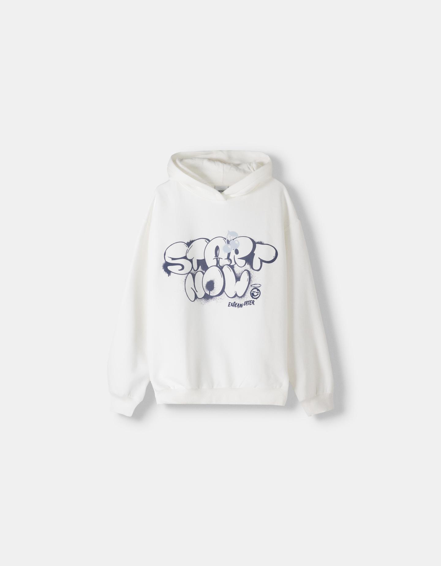 Bershka Sudadera Capucha Print Mujer L Blanco