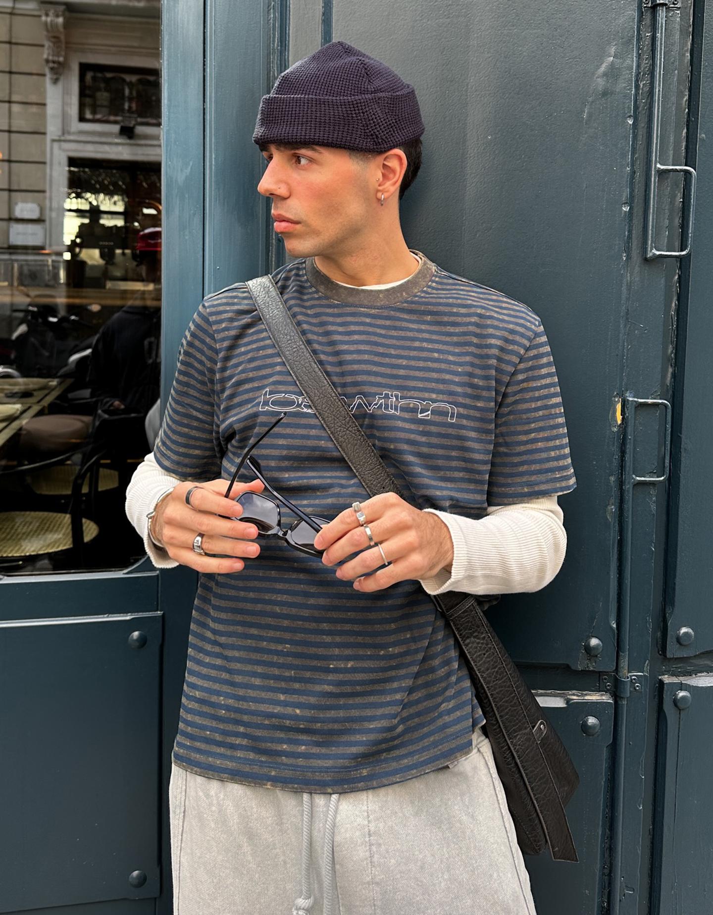 Bershka Maglietta Regular Fit Stampa A Righe Uomo Xs Azzurro Lavato