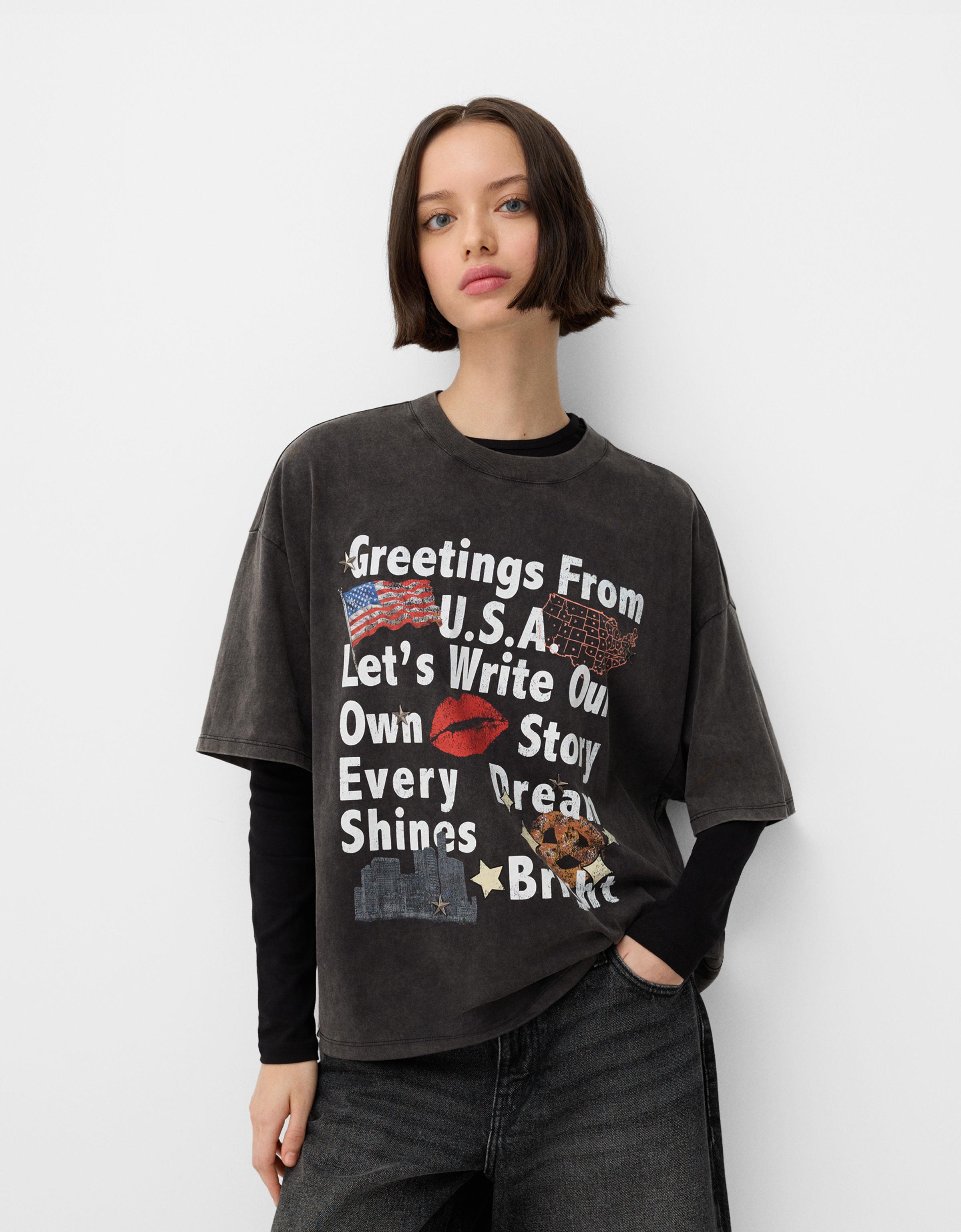 Bershka Oversize-T-Shirt Mit Print Damen S Grau