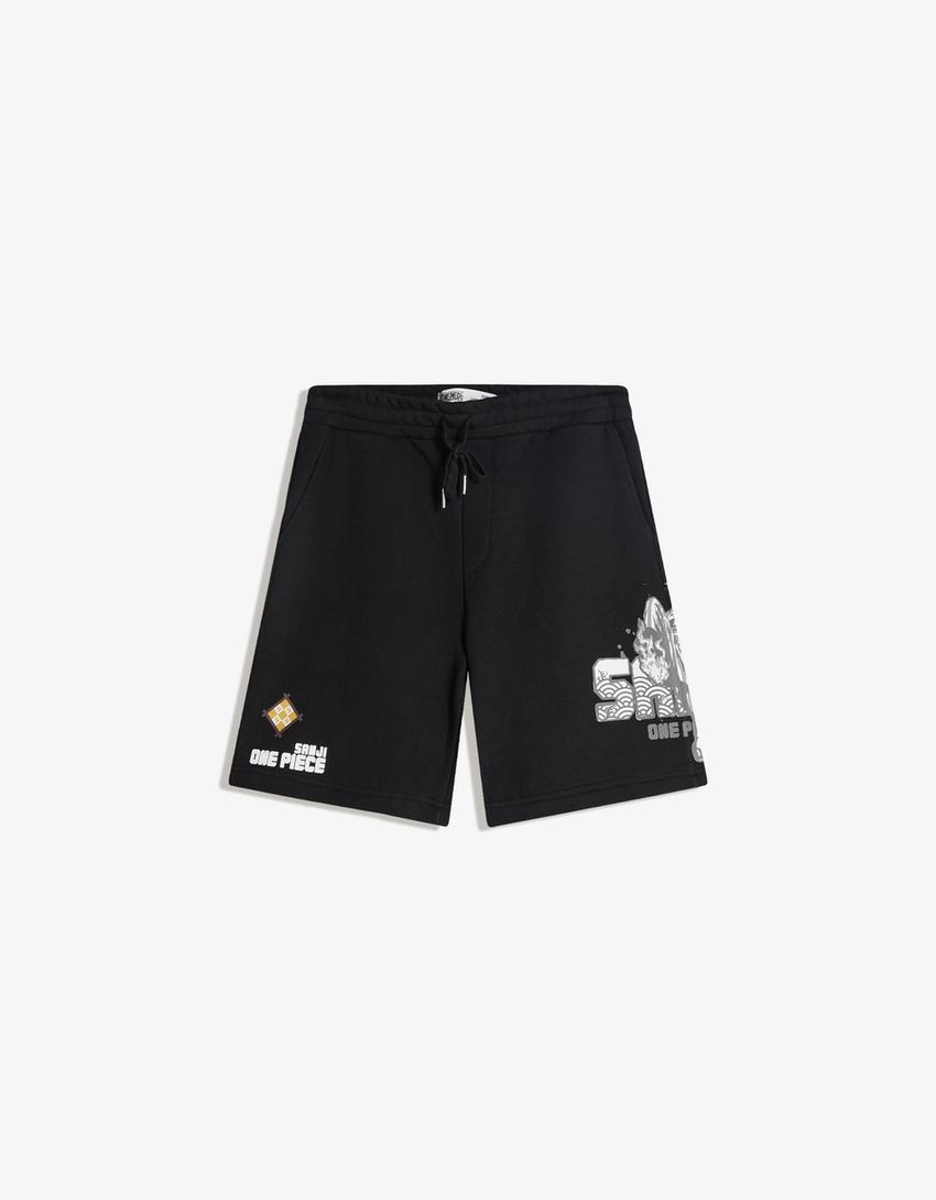 One Piece sweatshirt print Bermuda shorts-Black