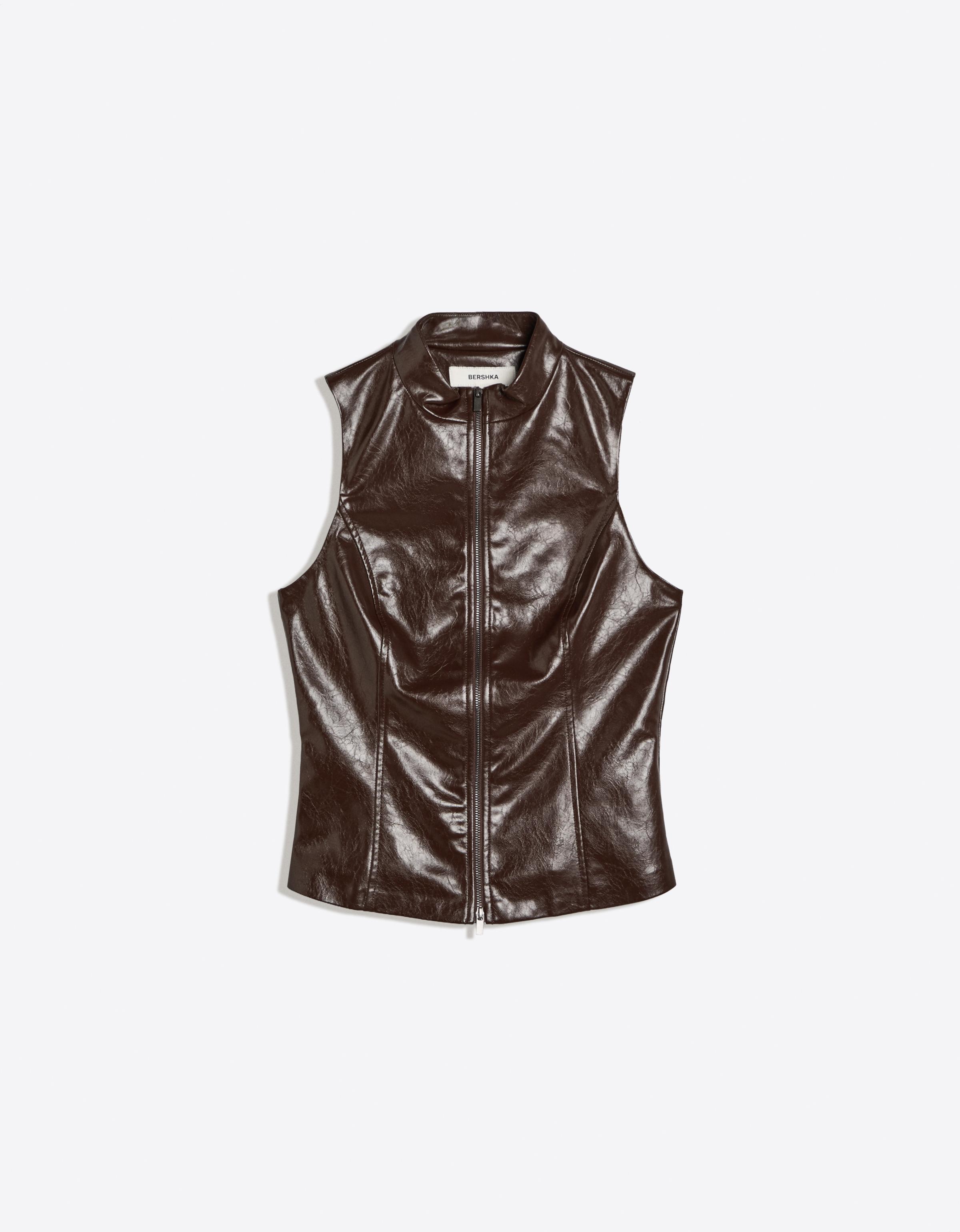 Leather-effect sleeveless high-neck top — Brown