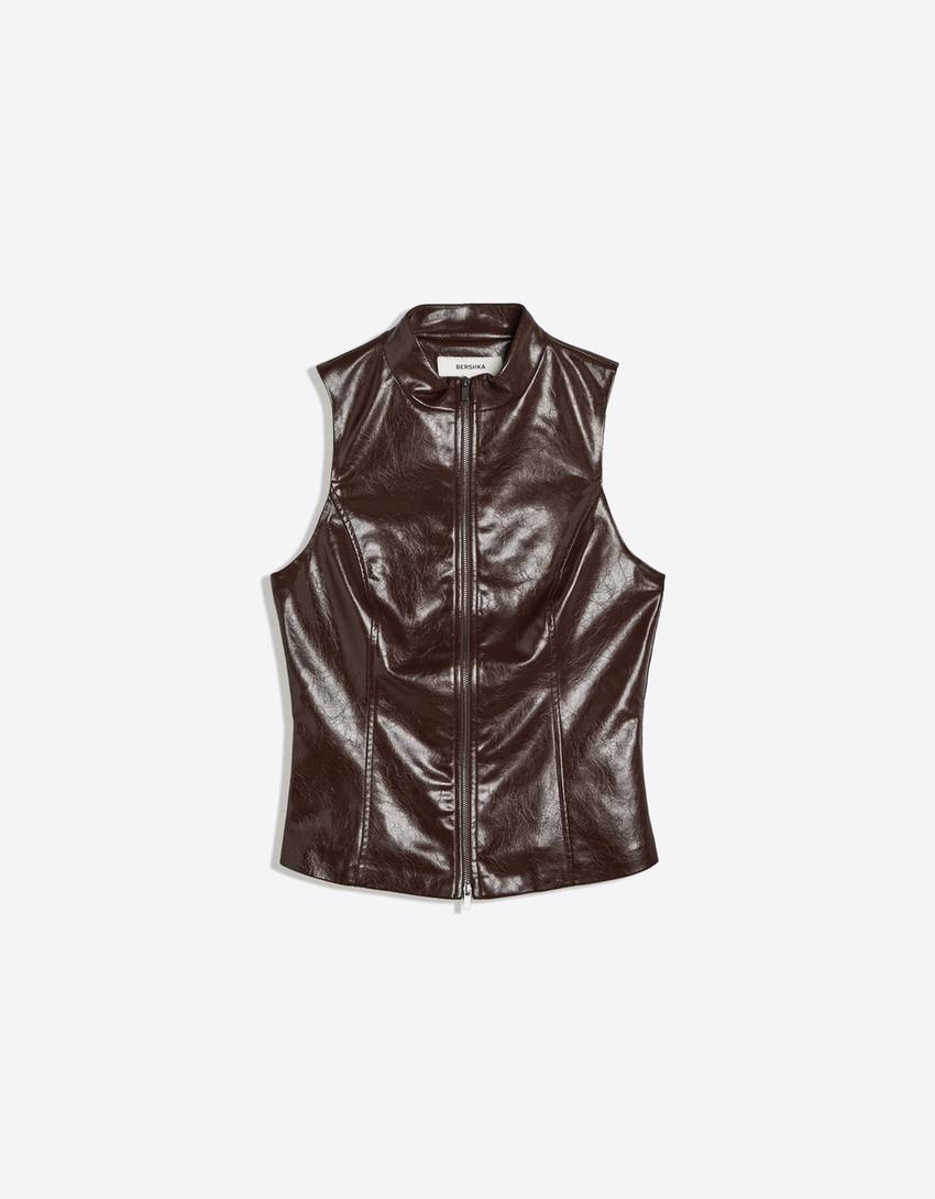 Leather-effect sleeveless high-neck top-Brown