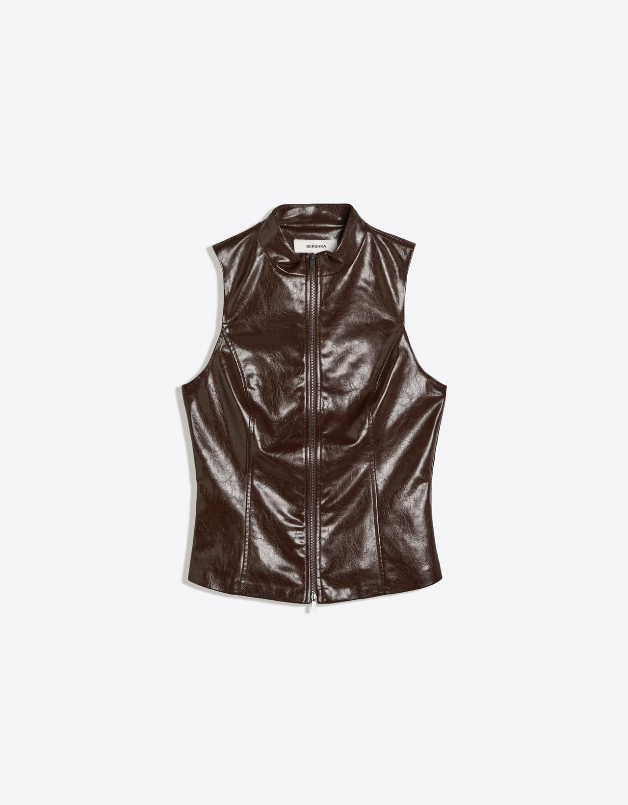Leather-effect sleeveless high-neck top — Brown