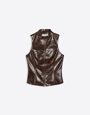 Leather-effect sleeveless high-neck top — Brown 5