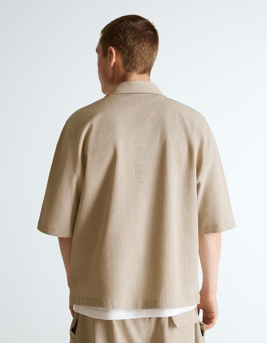Pleated boxy fit short sleeve shirt-Sand