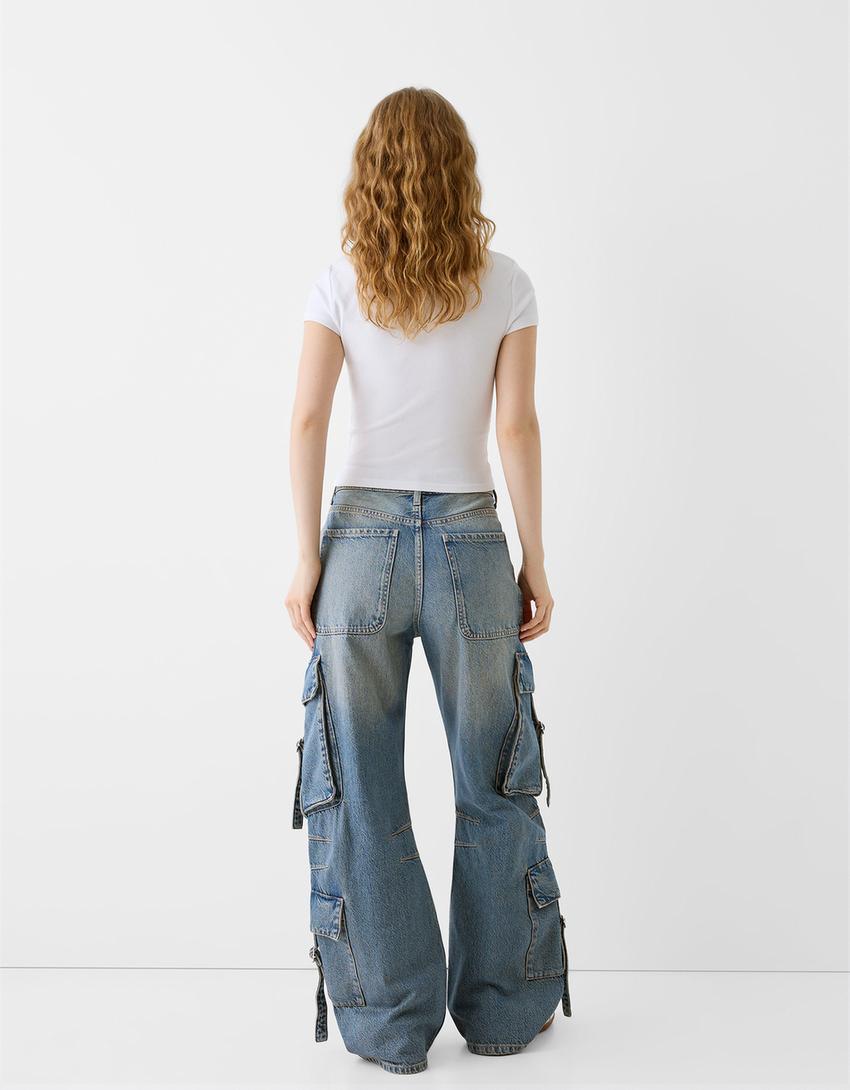 Cargo baggy jeans with straps-Washed out blue-1