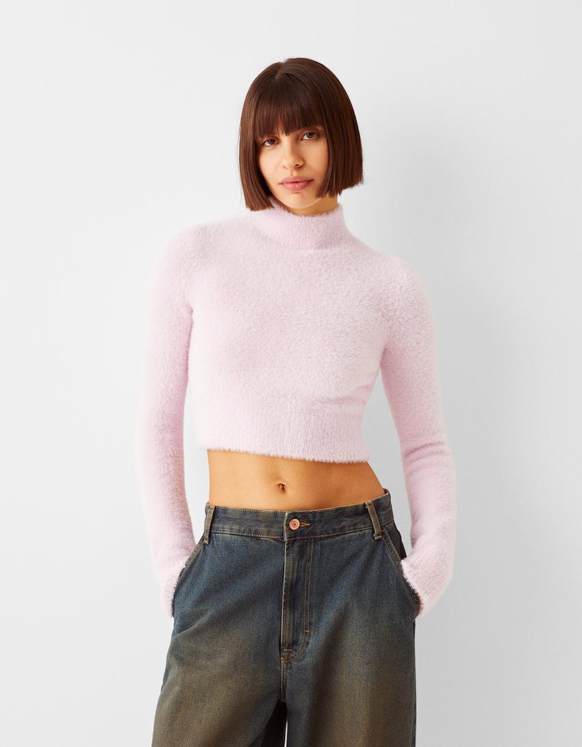 High neck fuzzy sweater-Pink-0