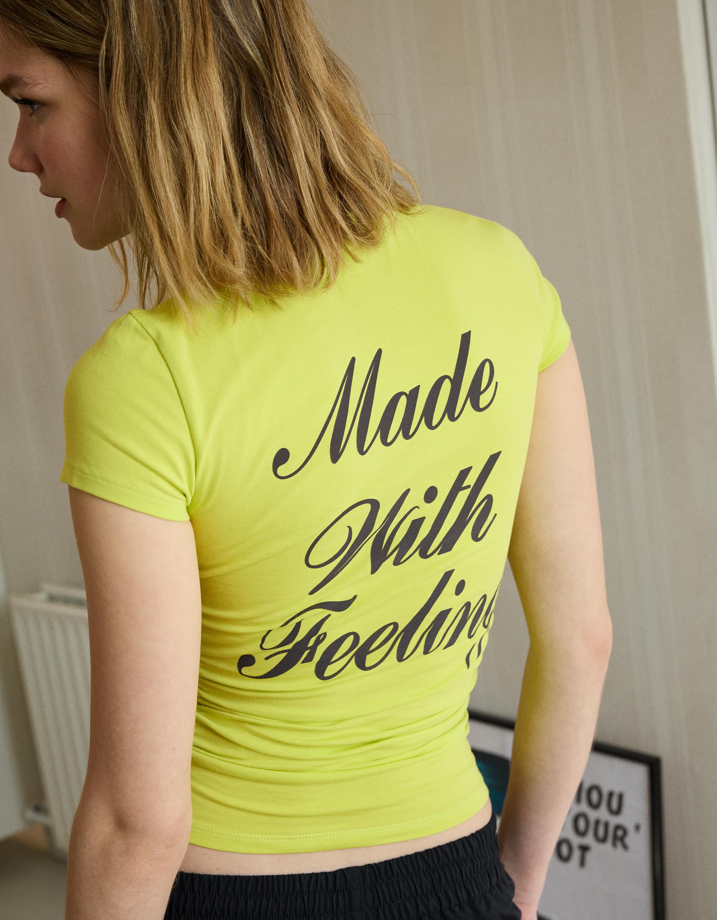 Bershka Camiseta Manga Corta Frunce Print Mujer L Amarillo