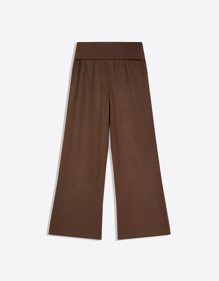 Pantalon taille repliée-Marron