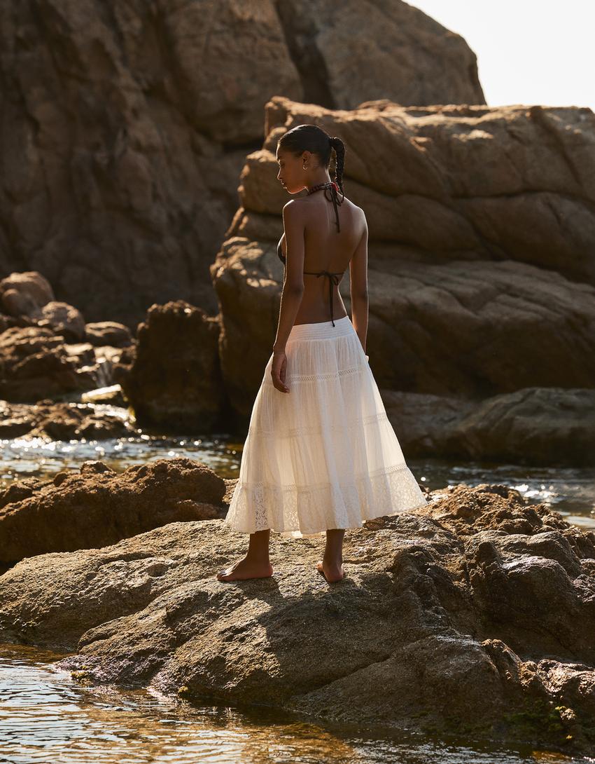 Voluminous lace midi skirt-Cream