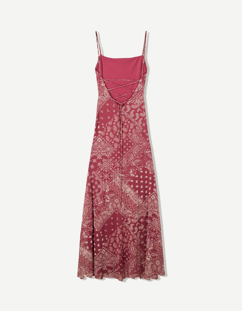 Robe midi en tulle imprimé-Bordeaux