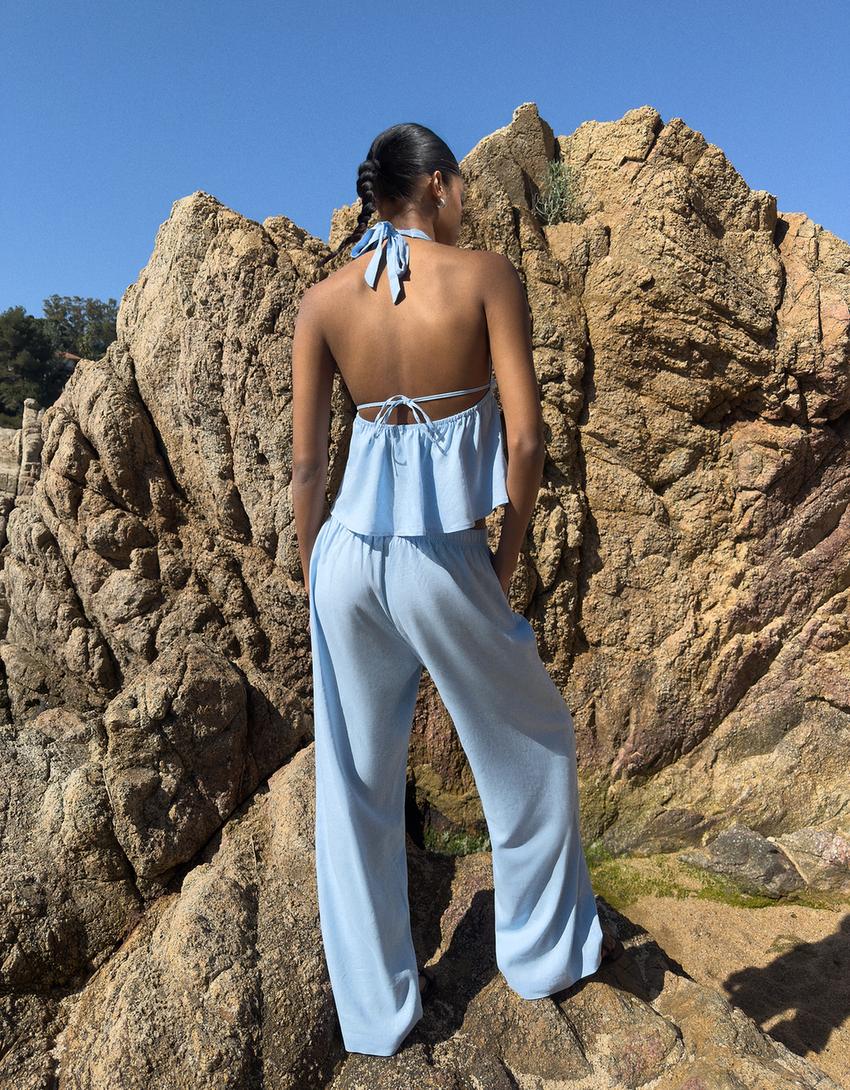 Pantalons amb lli goma cintura-Blau cel-1