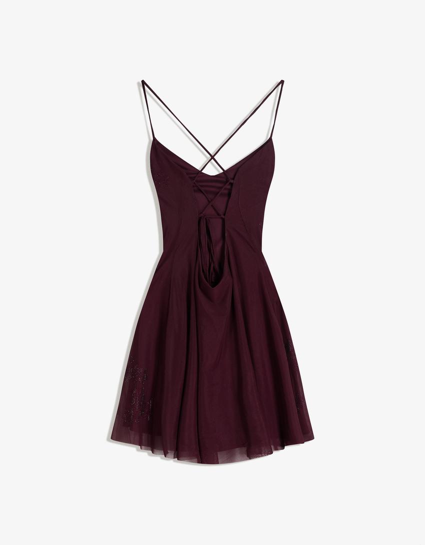 Mini askılı tül taşlı elbise-Bordo