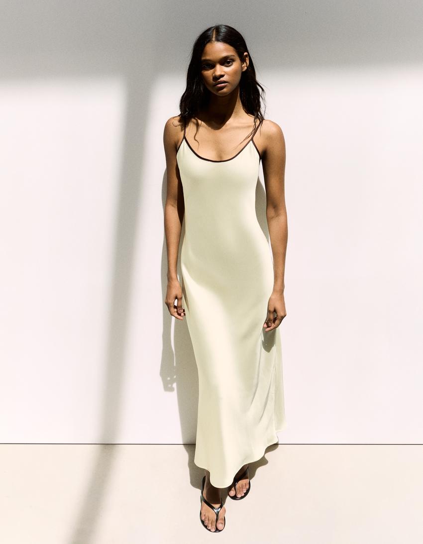 Rochie midi satin bretele-Galben