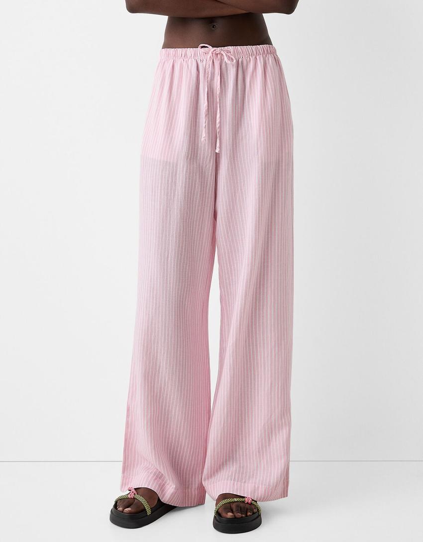 Straight-leg striped trousers with elasticated waist-Pink-1